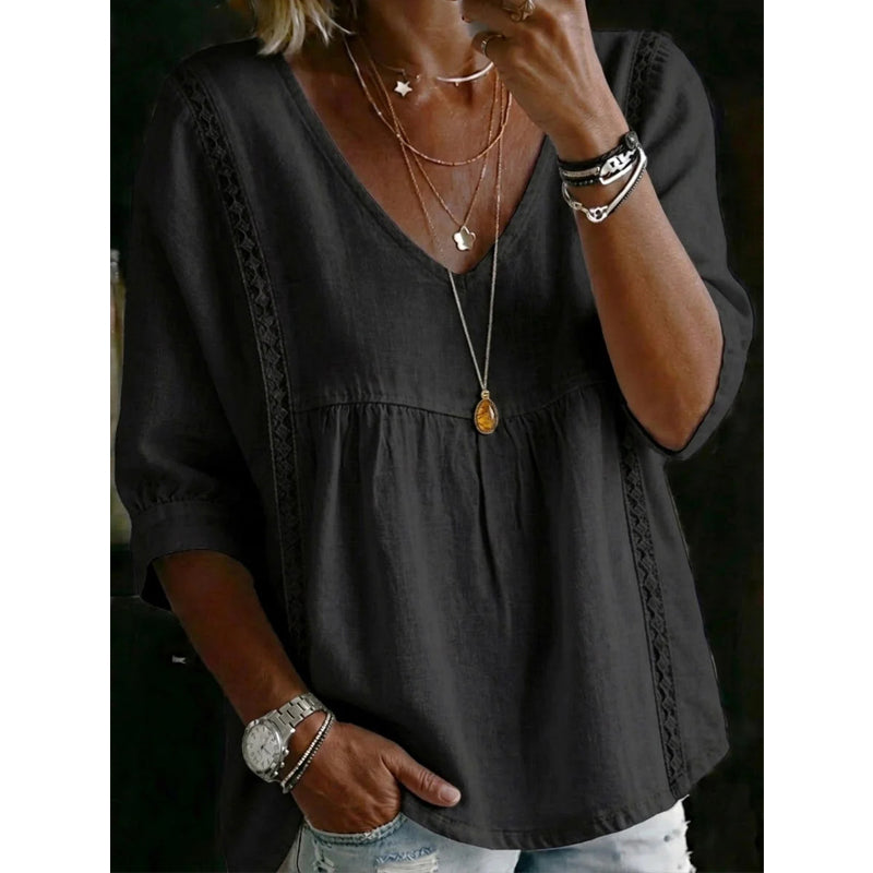 🎉 50% RABATT! 👚 Virales Spitzenbesatz-V-Ausschnitt-Top – Romantische Eleganz, Empire-Stil ✨