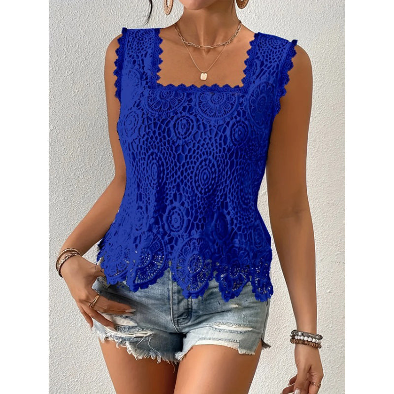 🤍Damen Elegantes Spitzen-Trägertop mit eckigem Ausschnitt 🎀 Schmalträger Top mit Karo-Ausschnitt