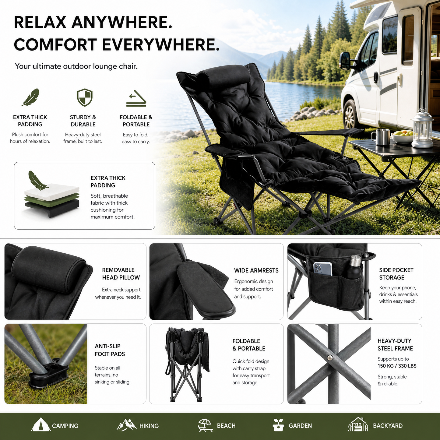 🪑 50% RABATT! 🌿 Tragbarer verstellbarer Klappstuhl für Außenbereich – Leicht, stabil & vielseitig – Ideal für Garten, Camping, Strand oder Terrasse – einfacher Transport und Aufbau 🏕️✨
