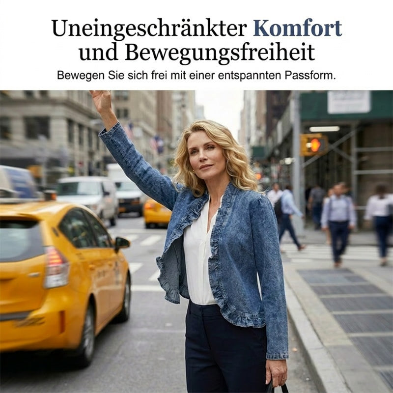 🔥Letzter Tag: 50% Rabatt!⏰👖Damen-Jeansjacke mit Rüschenbesatz und offenem Vorderteil – Leicht und feminin – Vielseitig und schick✨