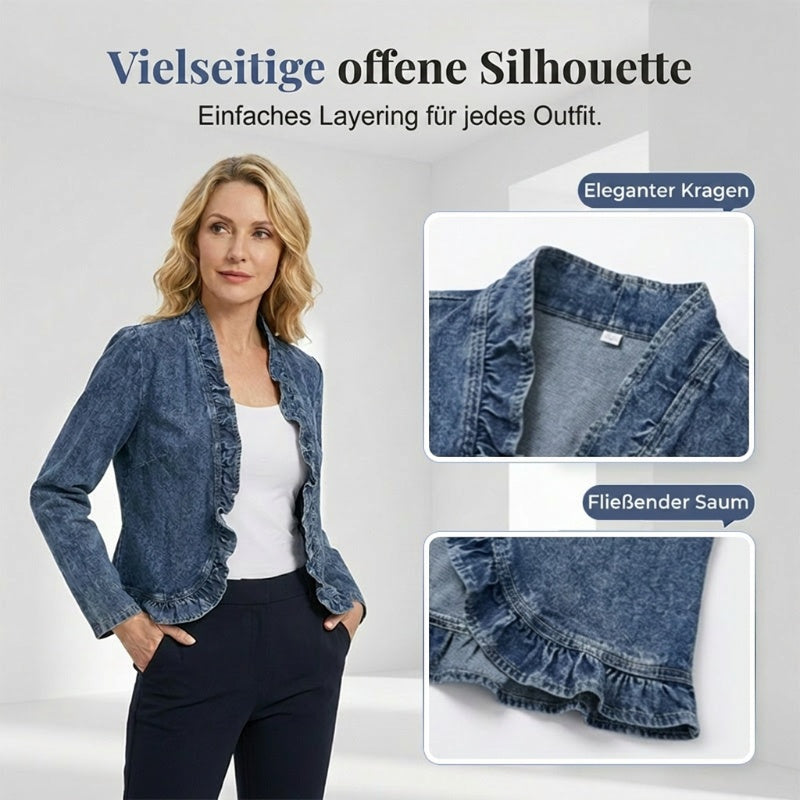 🔥Letzter Tag: 50% Rabatt!⏰👖Damen-Jeansjacke mit Rüschenbesatz und offenem Vorderteil – Leicht und feminin – Vielseitig und schick✨