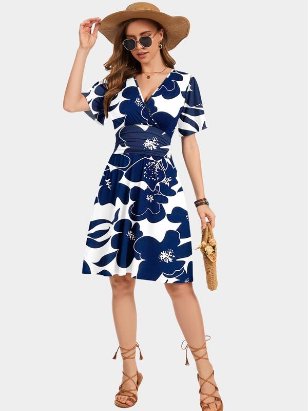 💃2026 Sommer Heißer Verkauf 49% RABATT🌈Damen Rüschenärmel Sexy Sommerkleid Blumen V-Ausschnitt Kurzes Wickelkleid mit Taschen