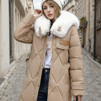 Women's Long Plush-Collar Quilted Puffer Coat