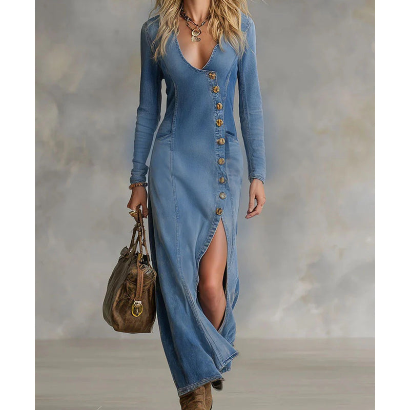 👗60% RABATT!🔥 Langärmliges Maxikleid mit V-Ausschnitt für Damen – Weicher Stoff, figurbetonte Passform & eleganter hoher Schlitz💫💃
