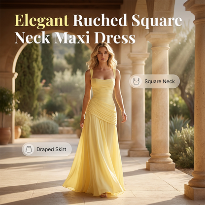 🌞 50 % RABATT AKTUELL GÜLTIG! ✨ Gelbes drapiertes Abend-Maxikleid – Schmeichelnde Taillierung, weich fallendes Material und edler Look für Partys & Urlaub 🌟