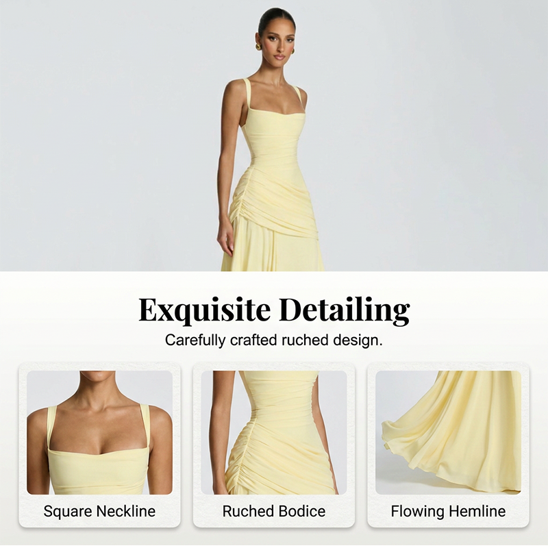 🌞 50 % RABATT AKTUELL GÜLTIG! ✨ Gelbes drapiertes Abend-Maxikleid – Schmeichelnde Taillierung, weich fallendes Material und edler Look für Partys & Urlaub 🌟