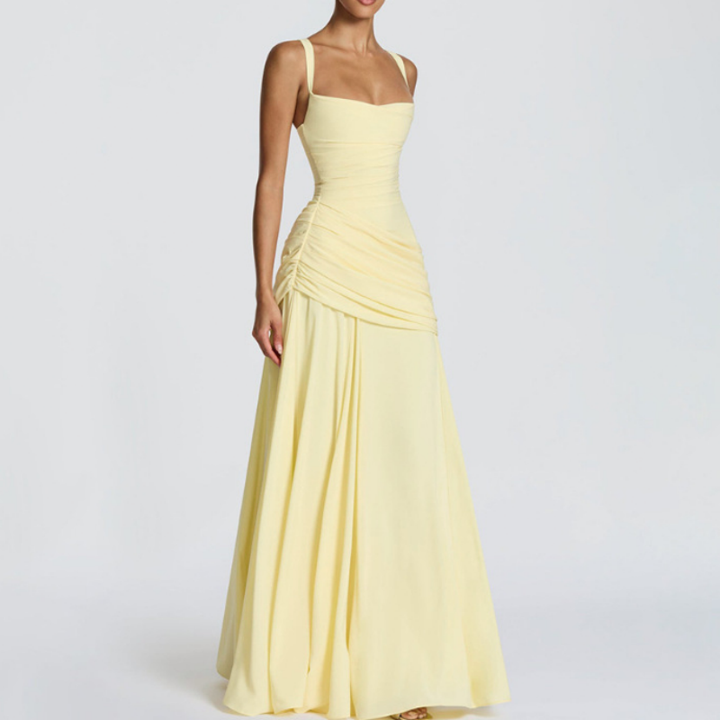 🌞 50 % RABATT AKTUELL GÜLTIG! ✨ Gelbes drapiertes Abend-Maxikleid – Schmeichelnde Taillierung, weich fallendes Material und edler Look für Partys & Urlaub 🌟