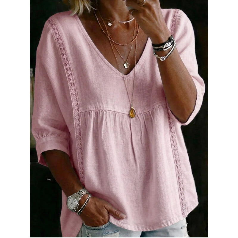 🎉 50% RABATT! 👚 Virales Spitzenbesatz-V-Ausschnitt-Top – Romantische Eleganz, Empire-Stil ✨