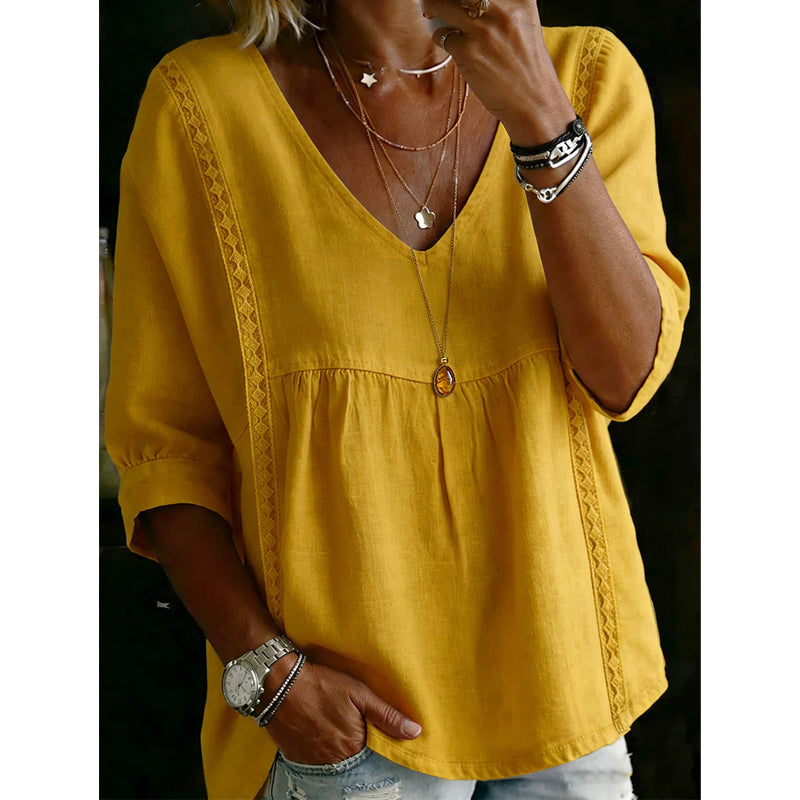 🎉 50% RABATT! 👚 Virales Spitzenbesatz-V-Ausschnitt-Top – Romantische Eleganz, Empire-Stil ✨
