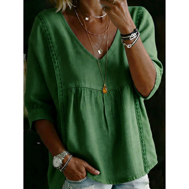 🎉 50% RABATT! 👚 Virales Spitzenbesatz-V-Ausschnitt-Top – Romantische Eleganz, Empire-Stil ✨