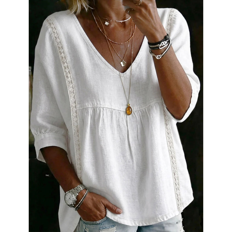 🎉 50% RABATT! 👚 Virales Spitzenbesatz-V-Ausschnitt-Top – Romantische Eleganz, Empire-Stil ✨