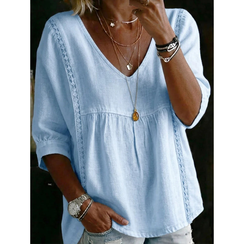 🎉 50% RABATT! 👚 Virales Spitzenbesatz-V-Ausschnitt-Top – Romantische Eleganz, Empire-Stil ✨