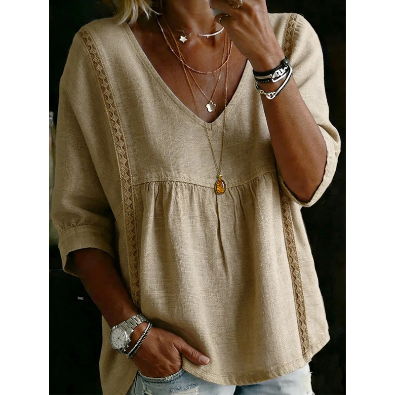 🎉 50% RABATT! 👚 Virales Spitzenbesatz-V-Ausschnitt-Top – Romantische Eleganz, Empire-Stil ✨