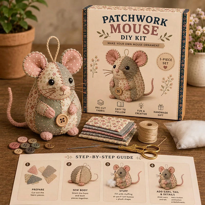❄️Sommerfrische 50 % Rabatt!🐭DIY-Patchwork-Maus-Nähset – Komplettes anfängerfreundliches Bastelset mit Stoffen, Füllmaterial & Anleitung