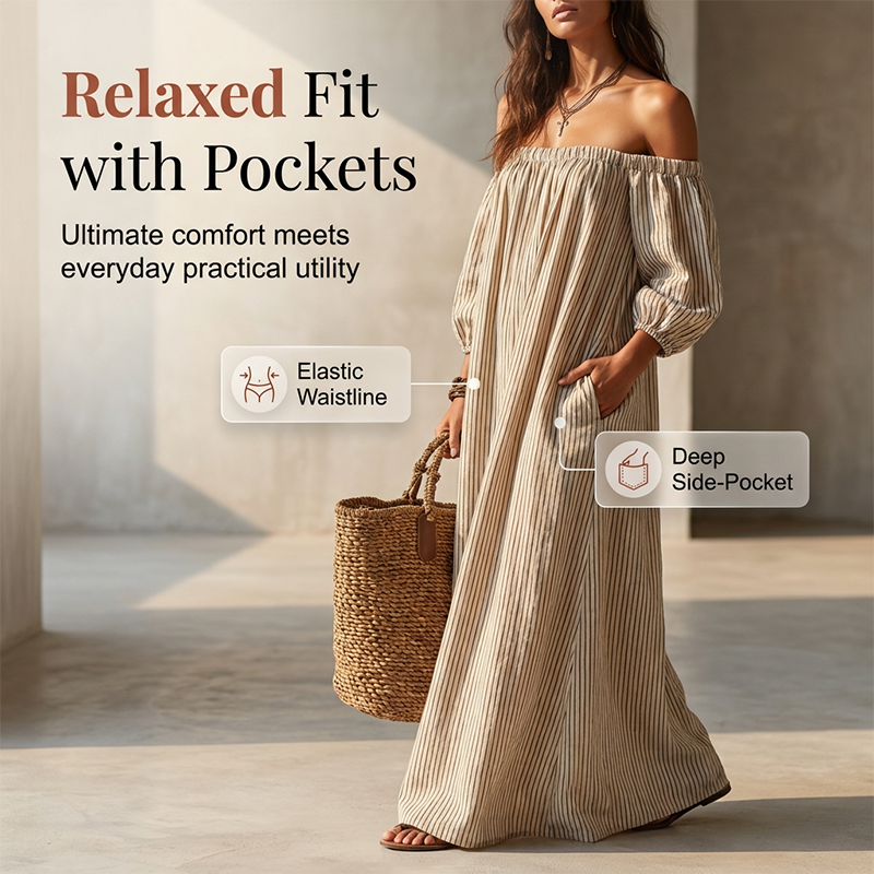Damen Schulterfreies Maxi-Kleid mit Laternenärmeln