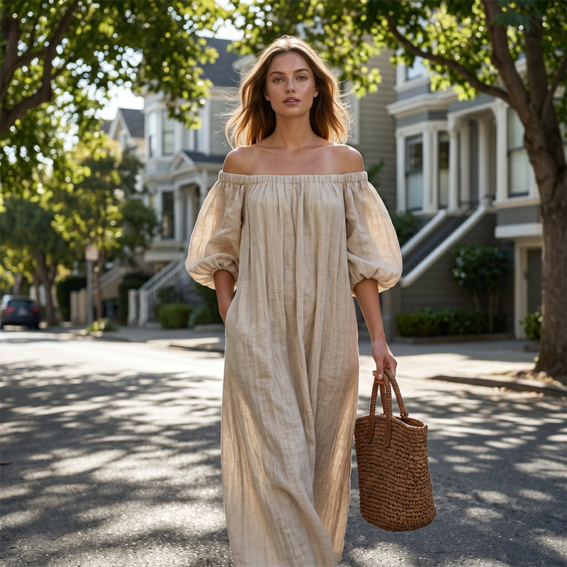 Damen Schulterfreies Maxi-Kleid mit Laternenärmeln