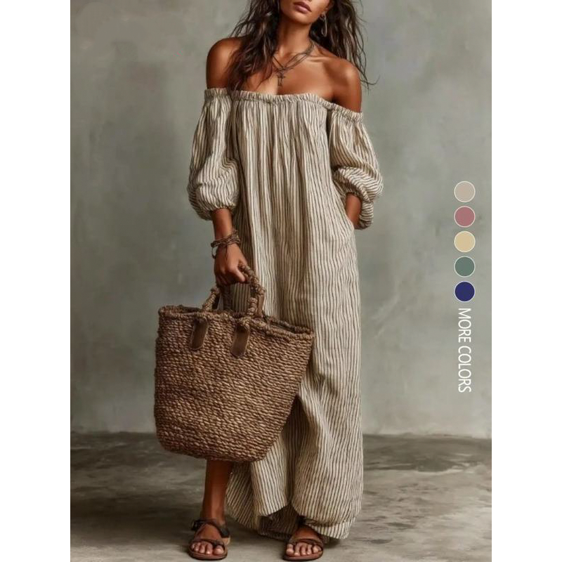 Damen Schulterfreies Maxi-Kleid mit Laternenärmeln