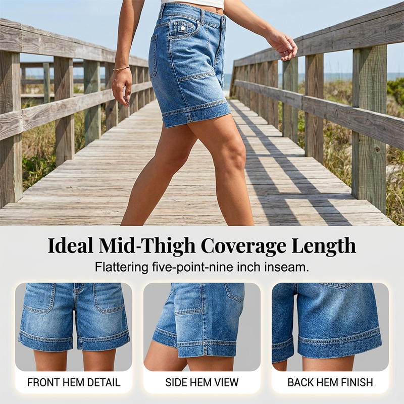 ☀️ Damen Bermuda-Jeans-Shorts mit mittlerer Leibhöhe & Taschen – Jetzt im Sommertrend! 🛍️