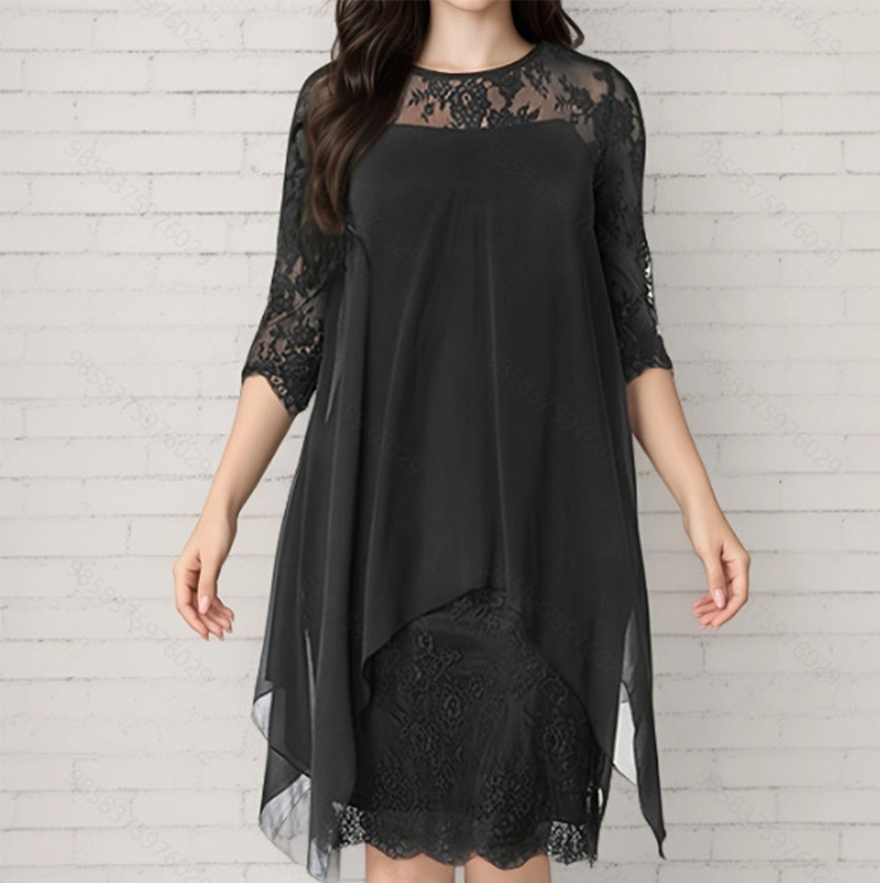 💕Elegantes Damenkleid mit asymmetrischem Saum und Spitzenbesatz